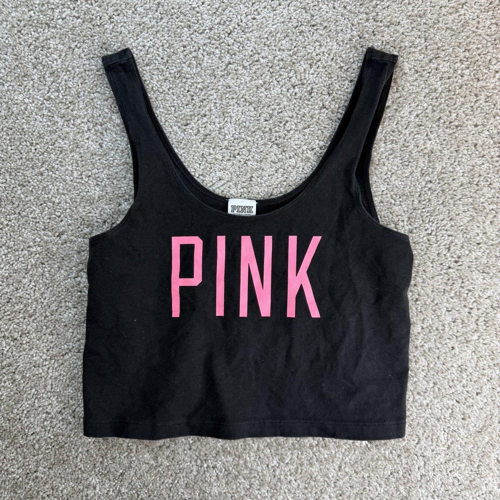 PINK Victoria's Secret Tank Top Womens L Black Pink Logo Cropped Scoop Neck